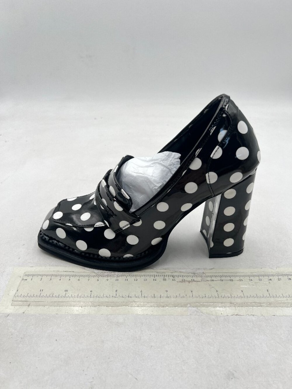 FOWT Black and White Polka Dots High Block Heels Loafer Square Toe Pumps